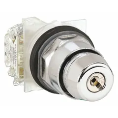 This SCHNEIDER Series 9001K key switch features a 30 mm panel mounting size, SPDT contact form, and maintained/maintained switch action. The key removal position is left. Suitable for industrial control panels and machinery where key-operated switching is required.