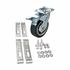 This caster kit includes one swivel caster with brake, designed for use with clamp-on pipe systems. It features a rubber wheel, silver/gray finish, and a maximum load capacity of 500 lb. Suitable for adding mobility to industrial workstations, assembly lines, and material handling setups.