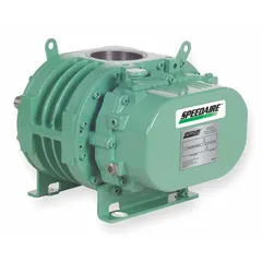 This positive displacement blower features a horizontal right-hand configuration with 4-inch FNPT inlet and outlet ports and a displacement of 4.2 cubic inches per revolution. It is used for low-pressure pneumatic conveying, aeration, and vacuum applications in industrial plants, providing consistent airflow for material handling, wastewater treatment, and packaging lines.