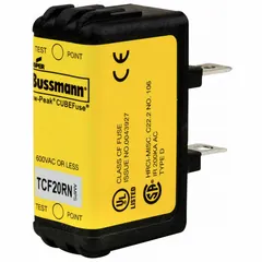 The BUSSMANN TCF20RN is a 20 A, 600 V AC / 300 V DC non-indicating time-delay fuse from the TCF Series. It is a Class CF cube fuse designed for overcurrent protection in industrial equipment such as motor circuits, transformers, and other inductive loads where temporary inrush currents occur.