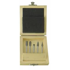 This 5-piece double-cut carbide bur set from WESTWARD features a 1/4" head diameter and 1/8" shank. Designed for deburring, shaping, and finishing metals, wood, and plastics in industrial machining and fabrication applications.