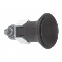 Locking short-pin pull-knob indexing plunger with stainless steel construction for corrosion resistance. Thread size 3/4"-10, nose force range 15 N to 32 N. Used for precise positioning and locking of machine components in jigs, fixtures, and assembly lines.