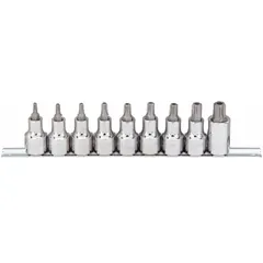 This 25-piece security Torx bit socket set includes nine bits with tip sizes ranging from T25 to T60. Designed for a 1/2 in drive, it is suited for driving tamper-resistant Torx fasteners in industrial assembly, automotive repair, and equipment maintenance.