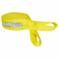 This 2-ply polyester twisted-eye web sling has a 4 ft length and an 11,500 lb vertical hitch capacity. It features a wear-resistant tag for identification. Used for lifting and rigging heavy loads in industrial settings such as construction, manufacturing, and warehousing.