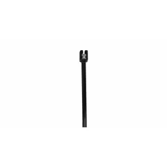 Black nylon cable tie with built-in tail clipper for trimming excess length after installation. Nominal length 14 1/2 in, width 0.18 in, maximum bundle diameter 4 in. Suitable for outdoor use in bundling and securing wires or cables in industrial environments.