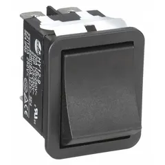 This rocker switch features a DPDT contact form with two positions and On/On switching. Rated for 2 hp, it is suited for industrial on/off control of motors, conveyors, pumps, and other equipment in manufacturing and processing environments.