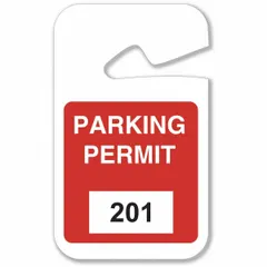 Red plastic parking hanger with a card height of 4 3/4 inches and overall width of 2 3/4 inches. Used to display parking authorization in facility lots or gated sites, fitting standard rearview mirrors.