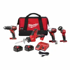 This kit includes four M18 cordless tools and a work light, powered by an 18 V DC battery system. Batteries are included, providing a complete solution for drilling, driving, cutting, and lighting tasks on job sites.