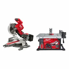 This combo kit includes two tool-only units: a miter saw (MPN 2734-20) and a table saw (MPN 2736-20), both powered by the M18 FUEL 18 V battery platform. The miter saw is suited for angled crosscuts on trim and framing, while the table saw handles rip cuts on sheet goods and lumber. Batteries and charger are not included.