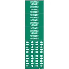 Green adhesive pipe marker with white legend reading 'Soft Water'. Designed for pipes with outer diameter of 3/4 inch and smaller. Pack includes 3 markers without arrows. Used to identify soft water lines in piping systems.