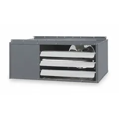 This low-profile suspended unit heater from Dayton delivers 75,000 BtuH heating capacity using natural gas. It features a propeller fan and field-convertible combustion type. The unit mounts on walls or ceilings to save floor space, with overall dimensions of 15-7/8 in H x 30 in W x 26-3/16 in D and a 1/2 in NPT male gas connection.