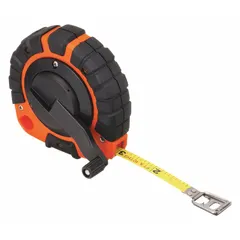 Manual closed-reel long tape measure with a 50 ft SAE/Engineers scale graduated in 1/100 ft increments. Features a single-sided stainless steel blade with a nonmagnetic single hook end and a steel case. Suitable for linear measurement and layout in engineering, surveying, and construction applications.