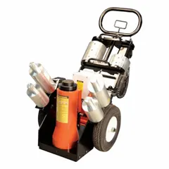 This air-powered wheeled jack has a 100-ton load capacity and a steel body. It provides a minimum lift of 24 inches and a maximum lift of 38 inches, with a minimum height of 24 inches. Used for lifting heavy loads in industrial maintenance, repair, and assembly operations.