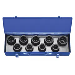 This 9-piece metric impact socket set features a 3/4 in drive size and covers a socket range of 27 mm to 41 mm. Designed for use with impact wrenches, it is suited for heavy-duty fastening and loosening of metric nuts and bolts in industrial maintenance, automotive repair, and construction applications.