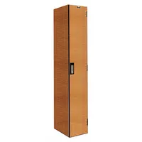 This assembled single-tier wardrobe locker features a solid phenolic door in Light Wood finish, one unit wide, with an electronic keypad lock. Includes a number plate. Suitable for personal storage in settings requiring durable, easy-to-clean lockers