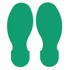 Solid green footprint-shaped floor marking tape with no legend, made of 8 mil thick polyester. Each piece measures 3 1/2 in x 10 in, supplied in a 10-pack. Used to indicate standing positions for safety, social distancing, or workflow zones in industrial facilities.