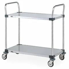 Silver utility cart with a 36 in L x 24 in W shelf and overall dimensions of 36 in L x 24 in W x 38 in H. Features (4) swivel casters with rubber treads. NSF-compliant for use in foodservice and sanitary environments.