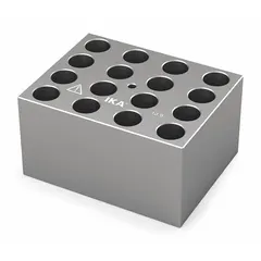 Dry block heater with 16 wells of 13 7/8 mm diameter, made of anodized aluminum. Overall dimensions: 3 3/4 in width, 3 in length. Includes a thermometer well for temperature monitoring. Used for uniform heating of tubes or vials in laboratory sample incubation and temperature control applications.