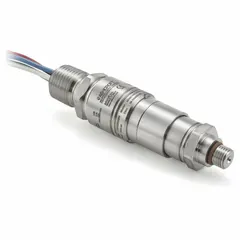Miniature pressure switch for hazardous locations, with piston actuator and 1NO/1NC contacts. Pressure range 200 psi to 2,000 psi. Features 7/16-20" SAE Male pressure connection and 1/2" MNPT conduit connector with 18 AWG 12" wire leads. Used to monitor or control pressure in industrial systems such as hydraulic circuits, compressors, and process equipment.