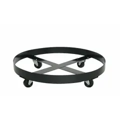 Round rubber deck dolly for moving drums and containers from 5 to 55 gallons. Features four swivel casters with brakes and a cross-brace support ring for stability. Load capacity 1000 lb.