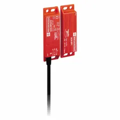 This DC safety-interlock switch from the XCSDM Series features a 1NO contact configuration and pre-cabled termination. It is magnetically actuated for monitoring the position of movable guards on industrial machinery, commonly used in packaging, material handling, and automated production lines.