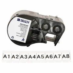 This combined label and ribbon cartridge contains a continuous polyester label roll measuring 5/8 in wide by 25 ft long, with black print on a white background. It is designed for use with the Brady BMP53 printer series. Typical applications include industrial identification, cable marking, and asset tagging.