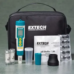 Pocket multiparameter tester configured for temperature measurement. Includes pH electrode and chlorine reagent tablets for testing pH and chlorine levels. Supplied with carrying case for portable use in water quality analysis.