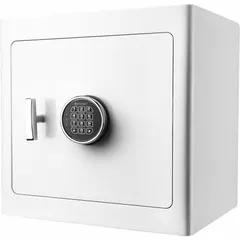 Free-standing security safe with 1.01 cu ft capacity, constructed of steel. Fire rated with three locking bolts. Suitable for securing documents and valuables in home or office environments.