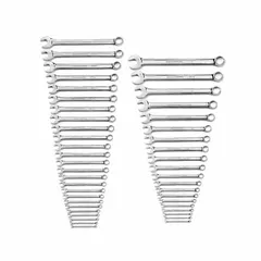 This 44-piece set includes SAE and Metric 12-point combination wrenches made from alloy steel with a chrome finish. Each wrench features a 15° head offset angle for improved access in confined spaces. Suitable for general industrial fastening tasks such as tightening or loosening bolts and nuts in maintenance, repair, and assembly operations.