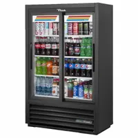 Black sliding glass door refrigerated merchandiser with 4 shelves, measuring 56 in x 36 in x 18 in. Uses R-290 refrigerant. Suitable for commercial food and beverage display in retail and foodservice settings