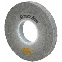 This SCOTCH-BRITE convolute wheel is 8 inches in diameter, 3/8 inch wide, with a 3-inch arbor. It features a fine, hard (9) silicon carbide abrasive for deburring, edge blending, and finishing stainless steel and nickel alloys. Suitable for industrial applications requiring consistent surface finish without altering part geometry