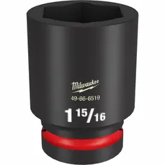 SAE 6-point deep impact socket with 1" drive and 1-15/16" socket size. Friction retention design for secure fit on impact tools. Black phosphate finish. Used for heavy-duty fastening and loosening of bolts and nuts in automotive, construction, and industrial maintenance.