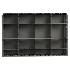 This gray insert for large compartmented boxes measures 18 x 12 x 3 inches and provides 16 compartments with 6 dividers, including 3 side-to-side removable dividers. It is designed to organize small parts, fasteners, and tools in industrial storage systems such as workshops, warehouses, and assembly lines. Compatible with manufacturer model number 123-95.