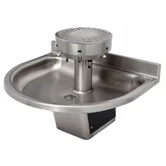 Sensor-operated wash fountain from the 3423 Series with a semi-circular stainless steel bowl in black/silver finish. Features a P-Trap drain and is ADA compliant. Overall width of 32 inches. Suitable for high-traffic commercial restrooms, schools, and healthcare facilities.