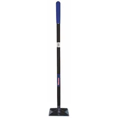 This hand tamper features a steel blade and a steel handle with a rubber grip. It is used for compacting soil, gravel, sand, and asphalt in construction and landscaping applications, such as tamping around posts, curbs, and foundations.