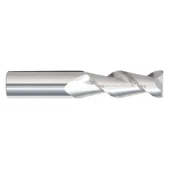 This carbide corner-radius end mill features two flutes and a 0.03" corner radius, designed for machining aluminum and non-ferrous materials. With a 5/8" mill diameter and 1-1/4" length of cut, it is suited for slotting, profiling, and contouring operations in CNC milling.