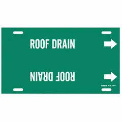 Green pipe marker with white legend reading 'Roof Drain' for identifying roof drain piping. Fits pipe O.D. from 8 to 9-7/8 inches. Includes directional arrows. Supplied as a single strap-on marker.