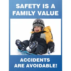 This 22 in x 17 in indoor poster is printed in English on blue plastic with a clear film laminate protective coating. It is designed for use in break rooms, hallways, or safety meeting areas to reinforce workplace safety culture.