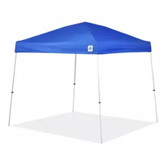 This pop-up canopy tent provides temporary outdoor shelter for events, markets, job sites, and recreational use. It features a white powder-coated steel frame with adjustable legs and blue polyester panels. Overall dimensions: 10 ft width, 10 ft length, 8 7/8 ft height. Frame included.