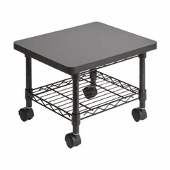 Single-shelf media cart for supporting office equipment such as fax machines or printers. Overall dimensions: 19 in wide, 16 in deep, 13 1/2 in high. Black finish.