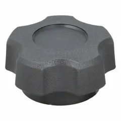 This 5-arm knob features a plastic body with a steel thread insert and a 1/4"-20 threaded hole. With a diameter of 1.72 inches, it is suited for manual adjustment and clamping on industrial machinery, jigs, and fixtures.
