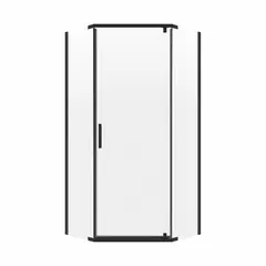 This frameless neo-angle shower door is designed for corner installations in residential bathrooms. It features a 74 in overall height, a 17 1/8 in fixed panel width, and a Matte Black finish. The door frame is frameless, providing a clean, open look.