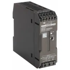 Single-phase DIN Rail mount DC power supply with plastic housing. Accepts 100 to 240 V AC input and delivers 30 W rated output power at 1.3 A. Suitable for powering industrial control panels, automation systems, and sensors in space-constrained applications.