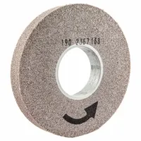 This NORTON convolute deburring wheel is 8 inches in diameter and 1 inch wide with a 3-inch arbor. It uses aluminum oxide abrasive in a medium, hard (8), hard grade, part of the Bear-Tex Series 4000. Designed for deburring and finishing carbon steel and soft metals, it removes burrs, sharp edges, and surface imperfections on stamped or machined components