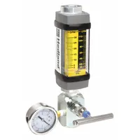 This variable area, inline flowmeter test kit is designed for measuring oil flow in hydraulic systems. It features a scale display with +/-2% accuracy, Viton seals and O-rings, and universal mounting orientation. Measurement is in gallons. The kit does not include a pressure gauge or flow rate adjustment knob