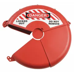 This red collapsible gate valve lockout is designed for hand wheels up to 18 inches in diameter. It is used to secure gate valves in a closed position during maintenance, preventing accidental operation as part of lockout/tagout procedures.