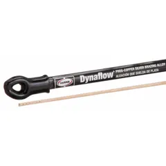 Phos-copper brazing alloy with 6% phosphorus content, supplied as bare Dynaflow rods. Each rod measures 0.05 in x 1/8 in x 20 in, packaged 7 per pack. Used for joining copper-to-copper tubing and fittings in HVAC, refrigeration, and plumbing systems.