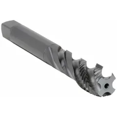 General purpose spiral-flute tap for threading blind holes in ferrous and non-ferrous materials. Features M14x1.25 thread size, 6H tolerance class, 4 flutes, and semi-bottoming chamfer for threading close to hole bottom. Spiral flute design evacuates chips upward to prevent clogging.