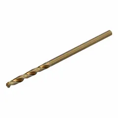 Cobalt jobber-length drill bit with 135° pilot point and black oxide coating. Designed for drilling hard metals. Suitable for maintenance, fabrication, and construction tasks.