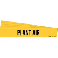 Yellow adhesive pipe marker with black 'Plant Air' legend, designed for identifying compressed air piping systems. Fits pipe outer diameters from 2-1/2 to 7-7/8 inches. Pack of 5 markers without directional arrows. Adhesive-backed for easy application on clean pipe surfaces